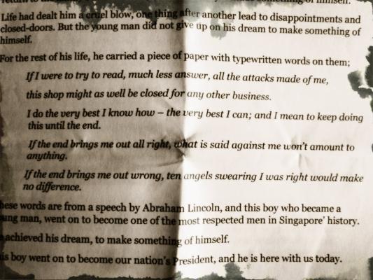 Excerpt of Lincoln's speech that Mr. Nathan carried in his pocket